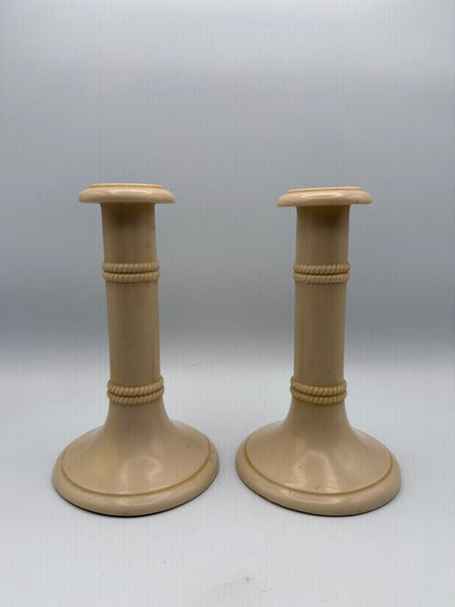 Antique set of 2 Celluloid Ivory Column Candlestick Holders 7” /ro