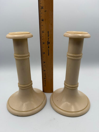 Antique set of 2 Celluloid Ivory Column Candlestick Holders 7” /ro
