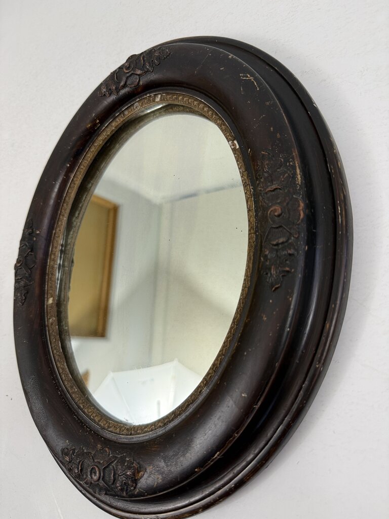 Antique Oval Dark Wood Ornate Framed Wall Mirror 14x12 /roh