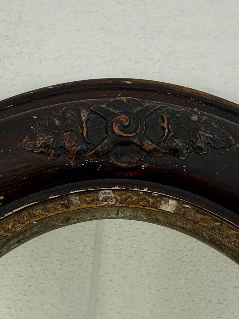 Antique Oval Dark Wood Ornate Framed Wall Mirror 14x12 /roh