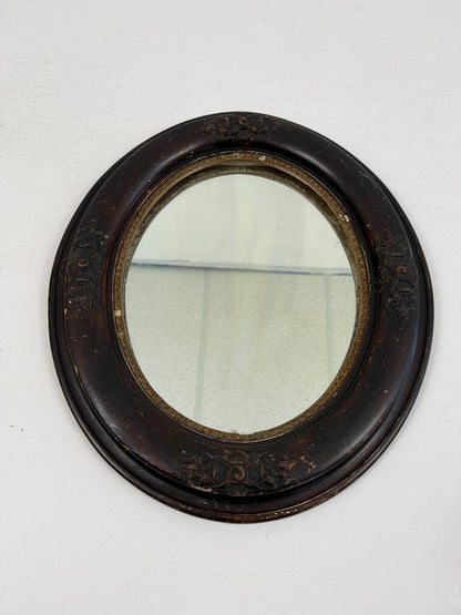 Antique Oval Dark Wood Ornate Framed Wall Mirror 14x12 /roh