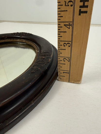 Antique Oval Dark Wood Ornate Framed Wall Mirror 14x12 /roh