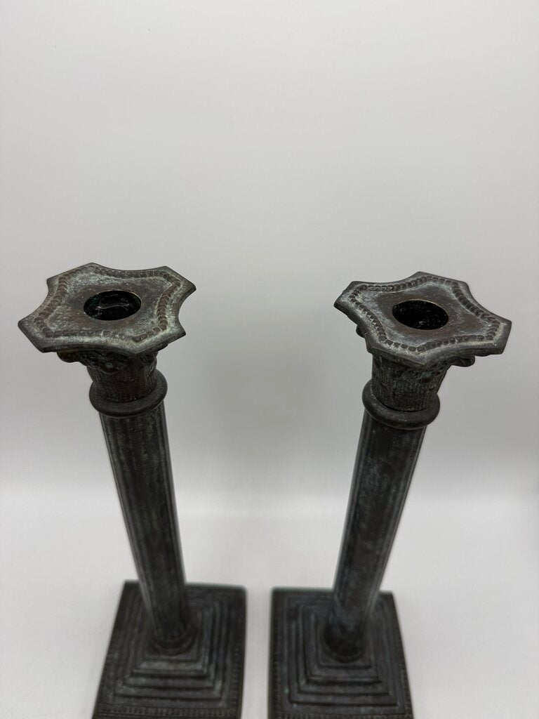 VTG Bronze Corinthian Column Candlestick Holders 13” tall /rw