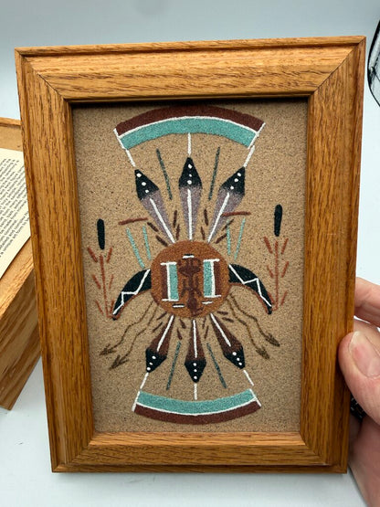 Authentic Navajo Sandpainting Oak Trinket Box Pollen Boy Signed by artist /ro