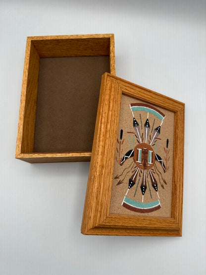 Authentic Navajo Sandpainting Oak Trinket Box Pollen Boy Signed by artist /ro