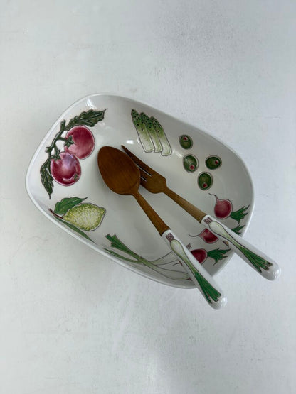 Italian Stoneware Handpainted Salad Bowl and Tongs Veggie Theme /rb