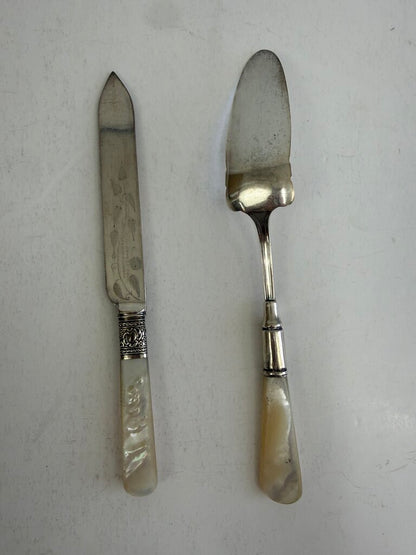 Antique Mother of Pearl Handel Serving Pieces Sterling Collars /ro