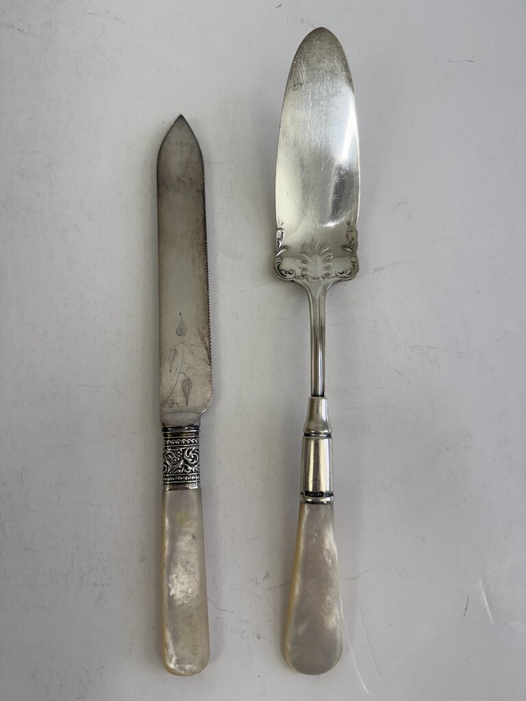 Antique Mother of Pearl Handel Serving Pieces Sterling Collars /ro