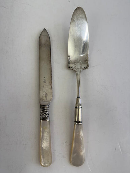 Antique Mother of Pearl Handel Serving Pieces Sterling Collars /ro