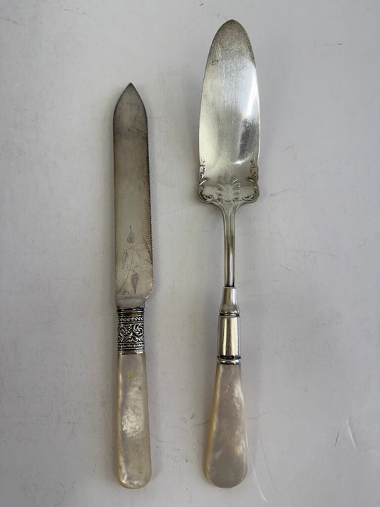 Antique Mother of Pearl Handel Serving Pieces Sterling Collars /ro