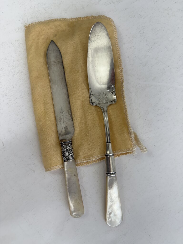 Antique Mother of Pearl Handel Serving Pieces Sterling Collars /ro