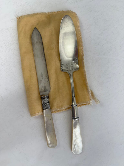 Antique Mother of Pearl Handel Serving Pieces Sterling Collars /ro