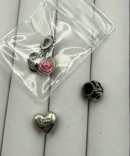 Pandora Sterling Silver set of 3 Mother/Mom/Heart Charms /ro
