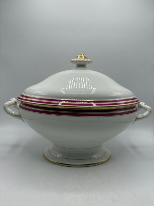 Antique C.F. Haviland White Footed Soup Toureen w/ Pink & Gold /rb