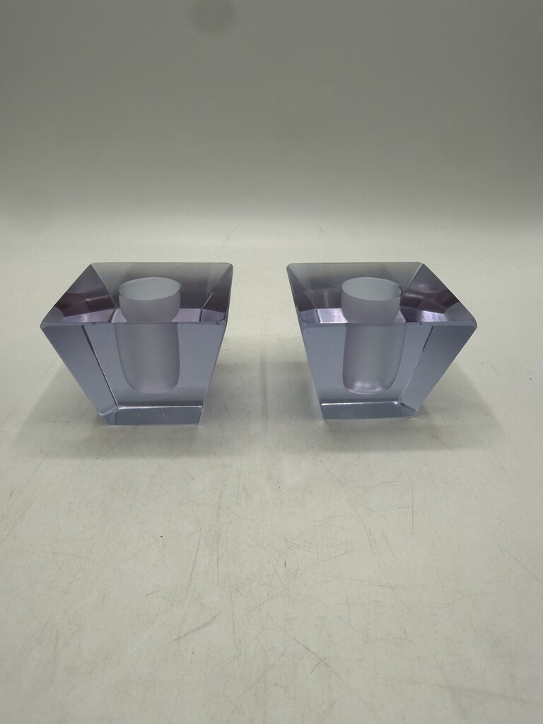 VTG Clear Crystal Obelisk Candlestick Holders MCM Art Deco Shape /ro