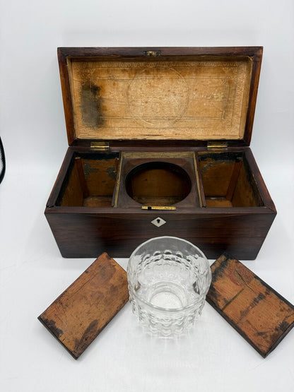 Antique Wood Tea Caddy Box 3 Section w/Glass Mixing Bowl /ro