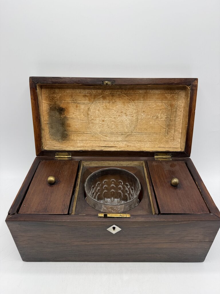 Antique Wood Tea Caddy Box 3 Section w/Glass Mixing Bowl /ro