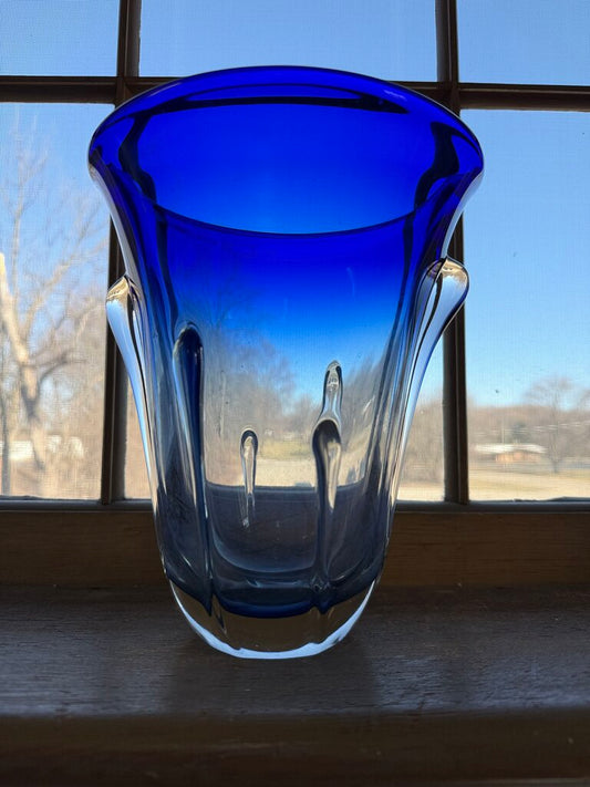 Gorgeous Art Deco Heavy Cobalt Blue to Clear 9” Tall Vase /ro