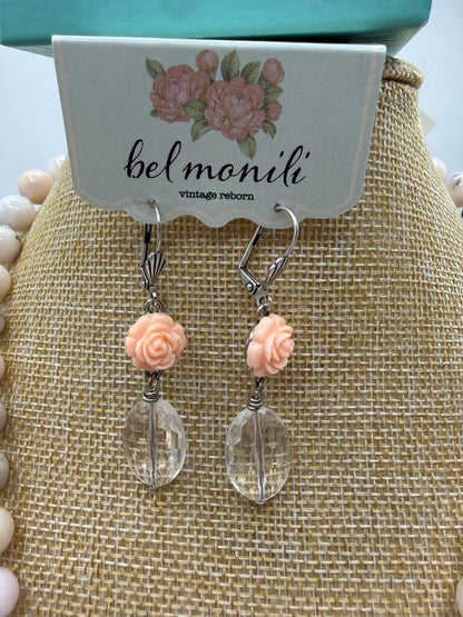 Bel Monili Vintage Reborn Pink Opal Rose Necklace Pierced Earrings /ro