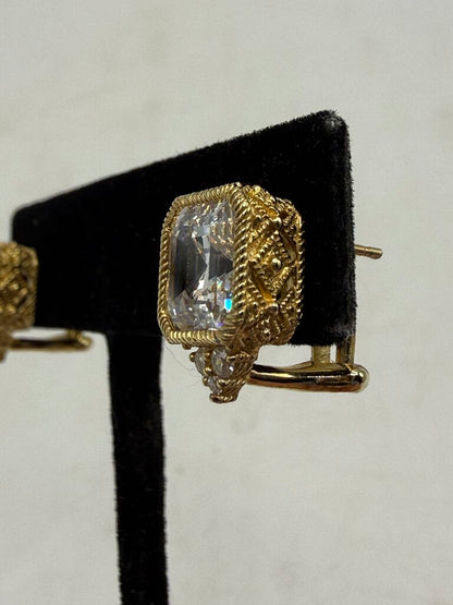 Judith Ripka Earrings Gold over Sterling CZ Asscher Cut Omega Backs /ro