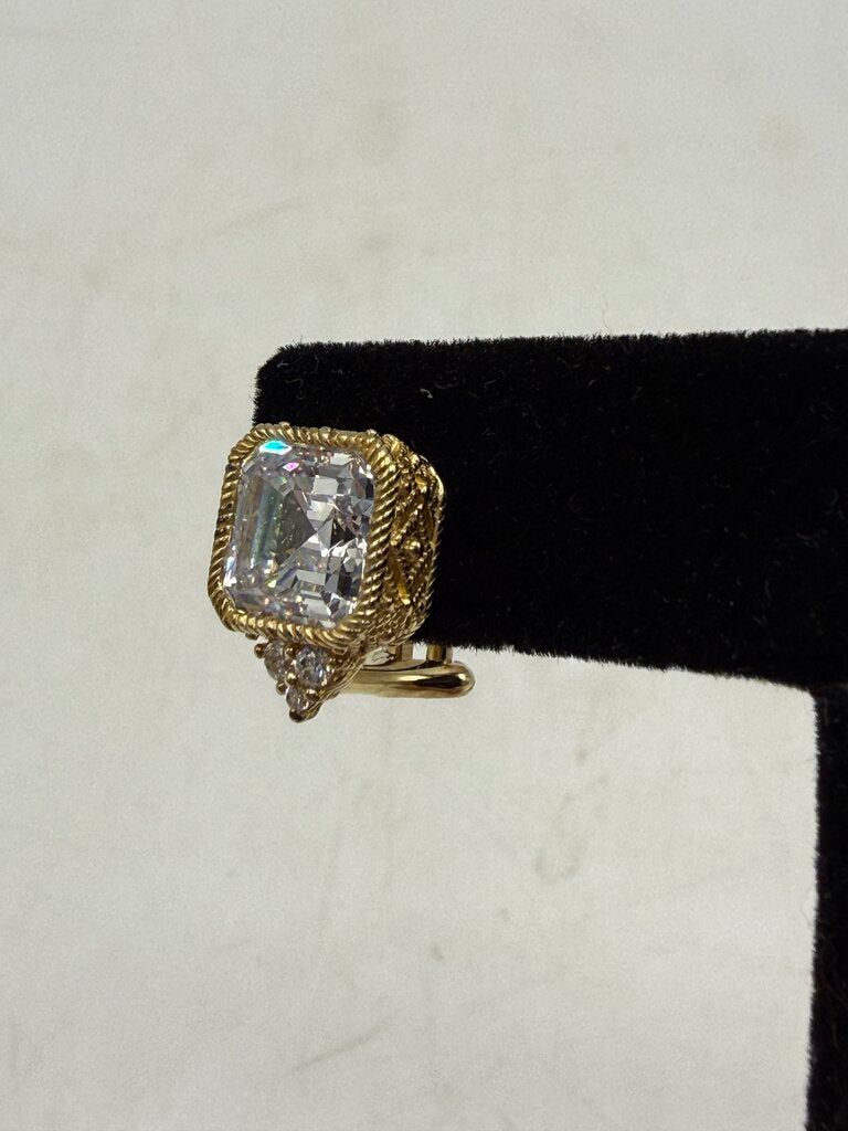 Judith Ripka Earrings Gold over Sterling CZ Asscher Cut Omega Backs /ro