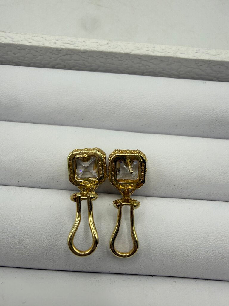 Judith Ripka Earrings Gold over Sterling CZ Asscher Cut Omega Backs /ro