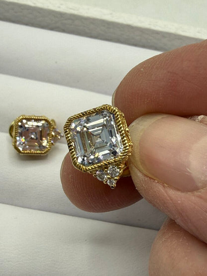 Judith Ripka Earrings Gold over Sterling CZ Asscher Cut Omega Backs /ro