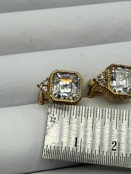 Judith Ripka Earrings Gold over Sterling CZ Asscher Cut Omega Backs /ro