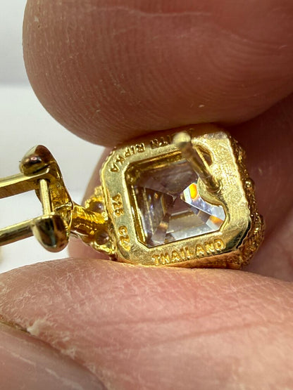Judith Ripka Earrings Gold over Sterling CZ Asscher Cut Omega Backs /ro
