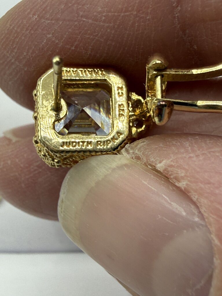 Judith Ripka Earrings Gold over Sterling CZ Asscher Cut Omega Backs /ro