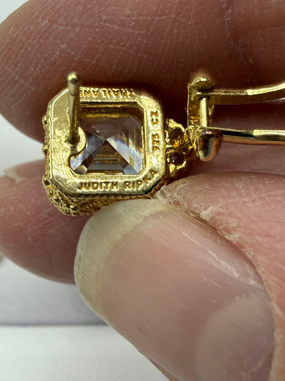 Judith Ripka Earrings Gold over Sterling CZ Asscher Cut Omega Backs /ro