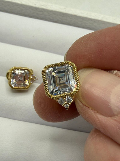 Judith Ripka Earrings Gold over Sterling CZ Asscher Cut Omega Backs /ro