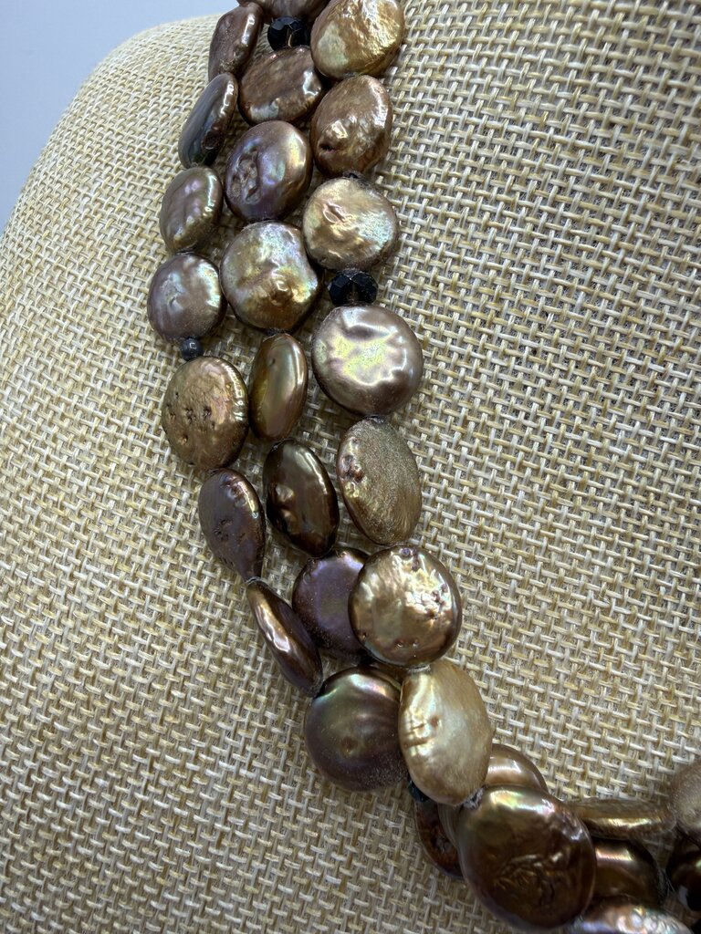 Triple Strand Freshwater Copper Coin Pearl Necklace 15” 925 Clasp /ro