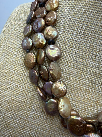 Triple Strand Freshwater Copper Coin Pearl Necklace 15” 925 Clasp /ro
