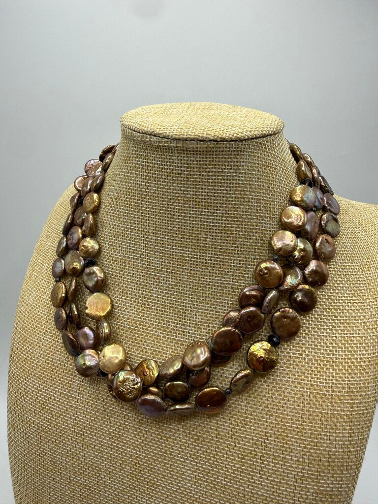 Triple Strand Freshwater Copper Coin Pearl Necklace 15” 925 Clasp /ro