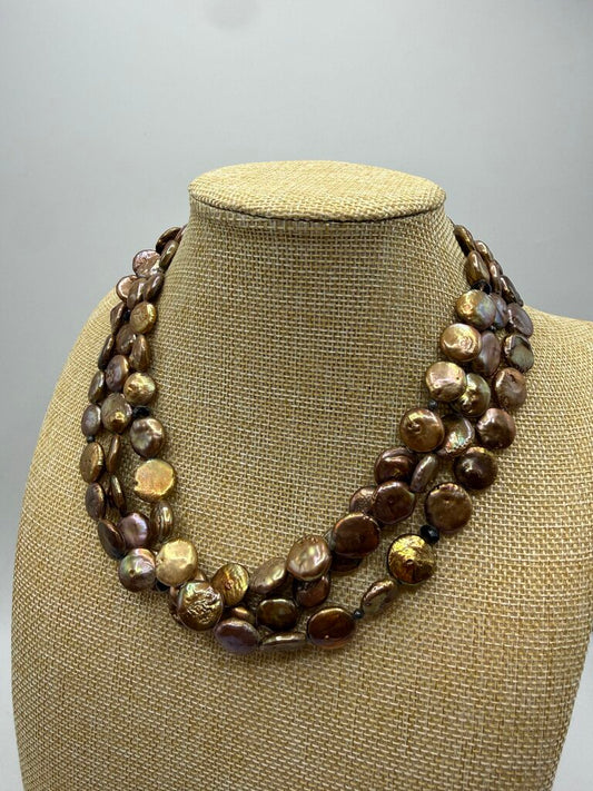 Triple Strand Freshwater Copper Coin Pearl Necklace 15” 925 Clasp /ro