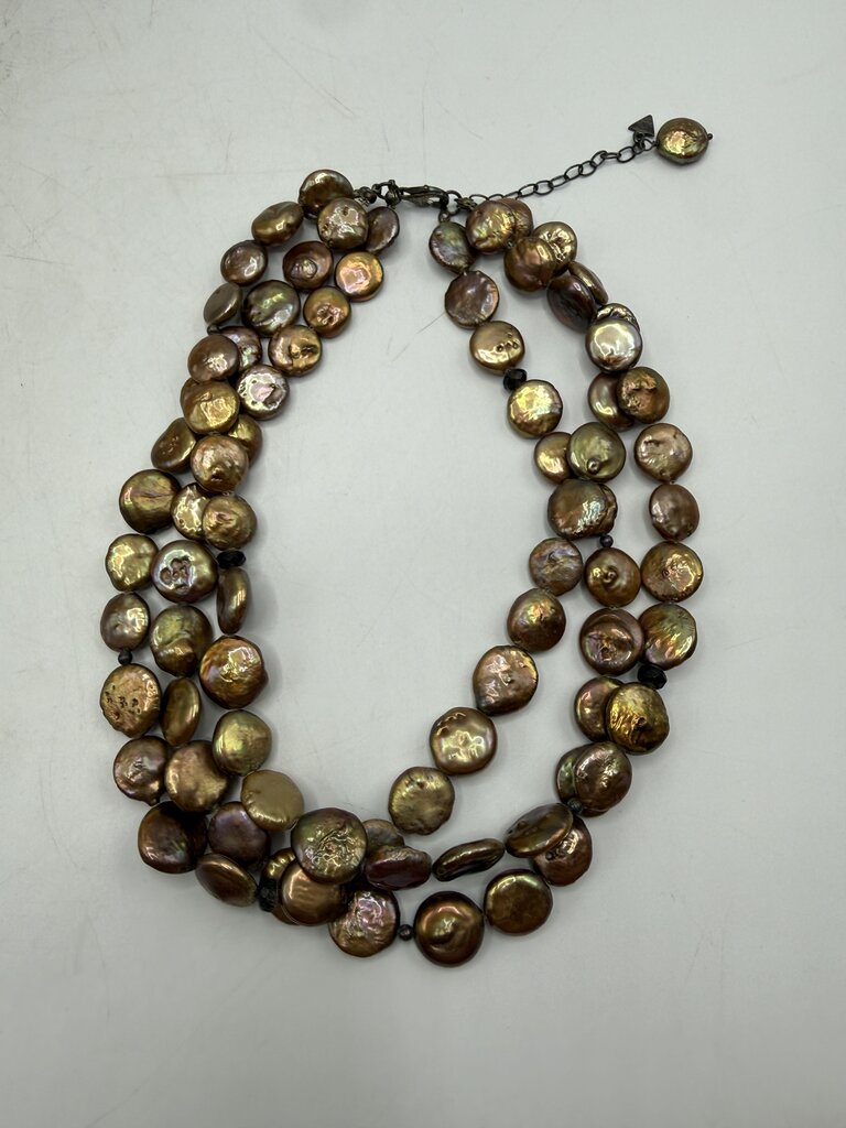 Triple Strand Freshwater Copper Coin Pearl Necklace 15” 925 Clasp /ro