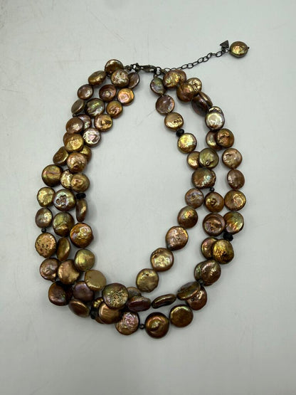 Triple Strand Freshwater Copper Coin Pearl Necklace 15” 925 Clasp /ro