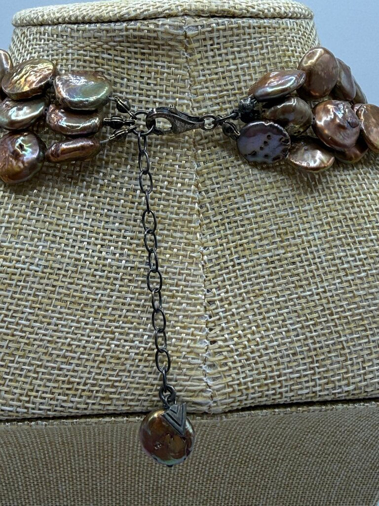 Triple Strand Freshwater Copper Coin Pearl Necklace 15” 925 Clasp /ro