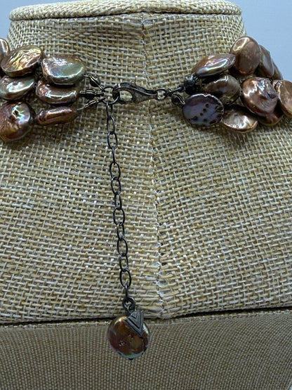 Triple Strand Freshwater Copper Coin Pearl Necklace 15” 925 Clasp /ro