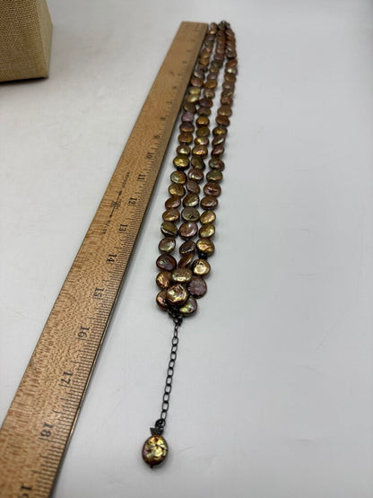 Triple Strand Freshwater Copper Coin Pearl Necklace 15” 925 Clasp /ro