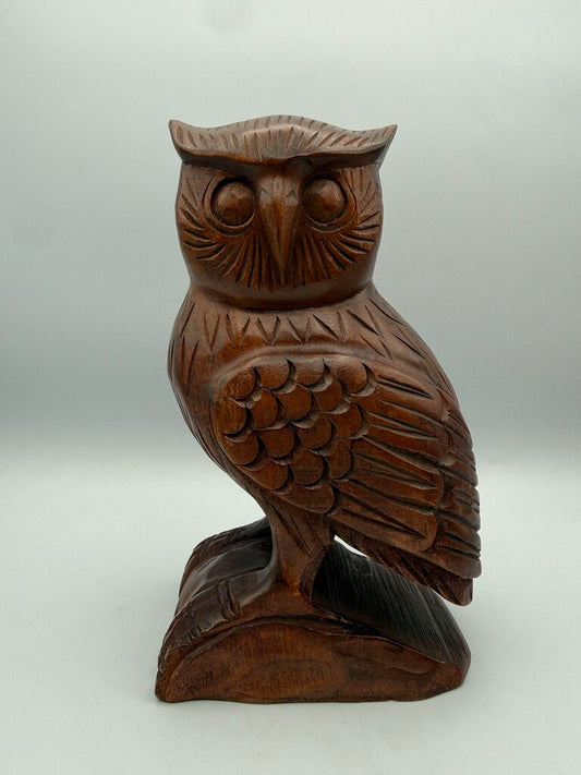 MCM Carved Brown Wood Standing Owl 8” Tall Sculpture /ro