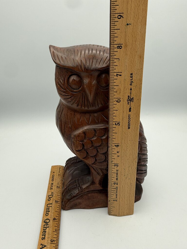 MCM Carved Brown Wood Standing Owl 8” Tall Sculpture /ro