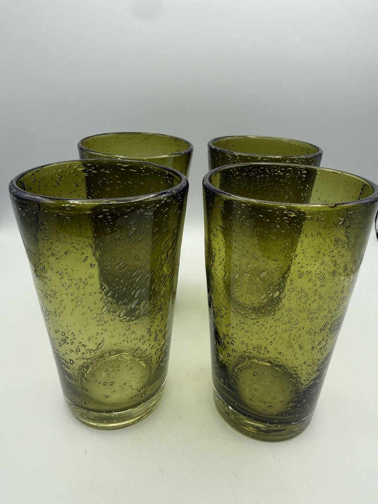 Avocado Green Blown Bubble Glass 16oz.Tumbers set of 4 /rw