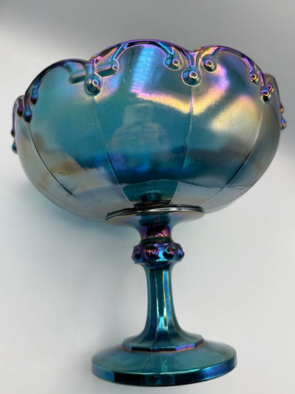 VTG Indiana Glass Garland Teardrop Blue Carnival Footed Compote. /rw