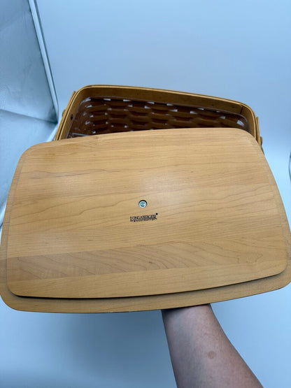 2000 Longaberger Newspaper & Magazine Basket Slant Back Wood Lid /rw