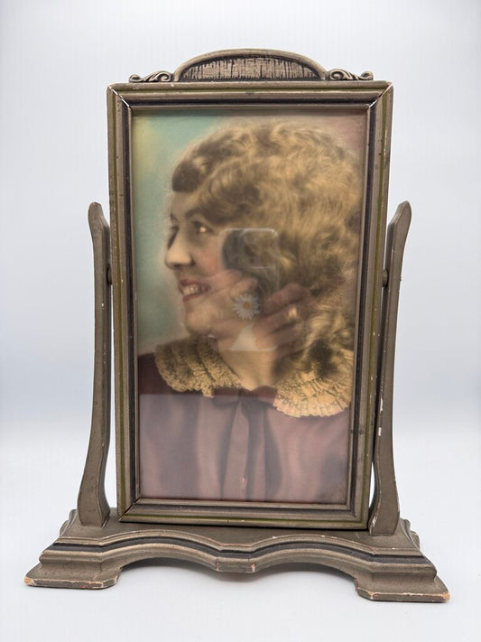 Antique Art Deco Table Top Swivel Frame W/hand colored Lady Portrait /ro