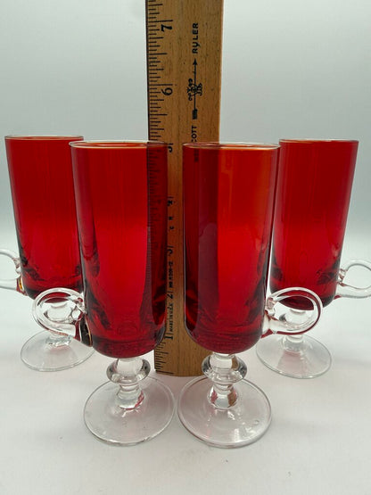 VTG set of 4 Ruby Red Cordials w/Clear Glass Pedestals & Handles /ro