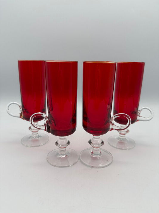 VTG set of 4 Ruby Red Cordials w/Clear Glass Pedestals & Handles /ro