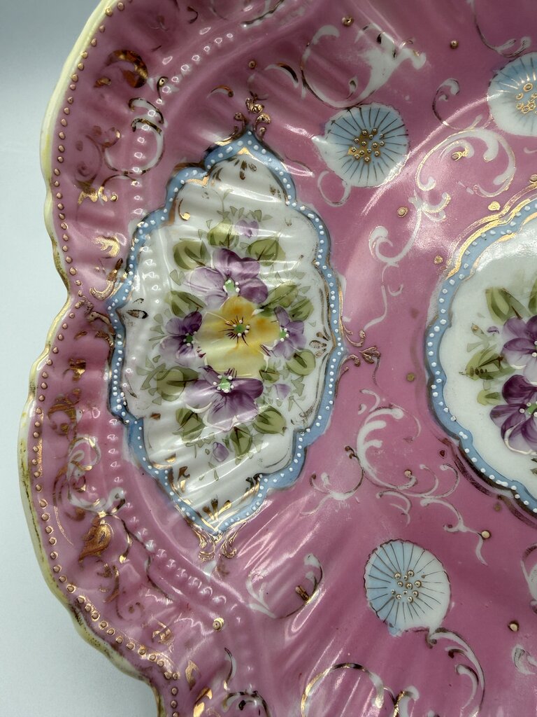 Antique Porcelain PInk Berry Serving Bowl Hand Painted Flowers /ro